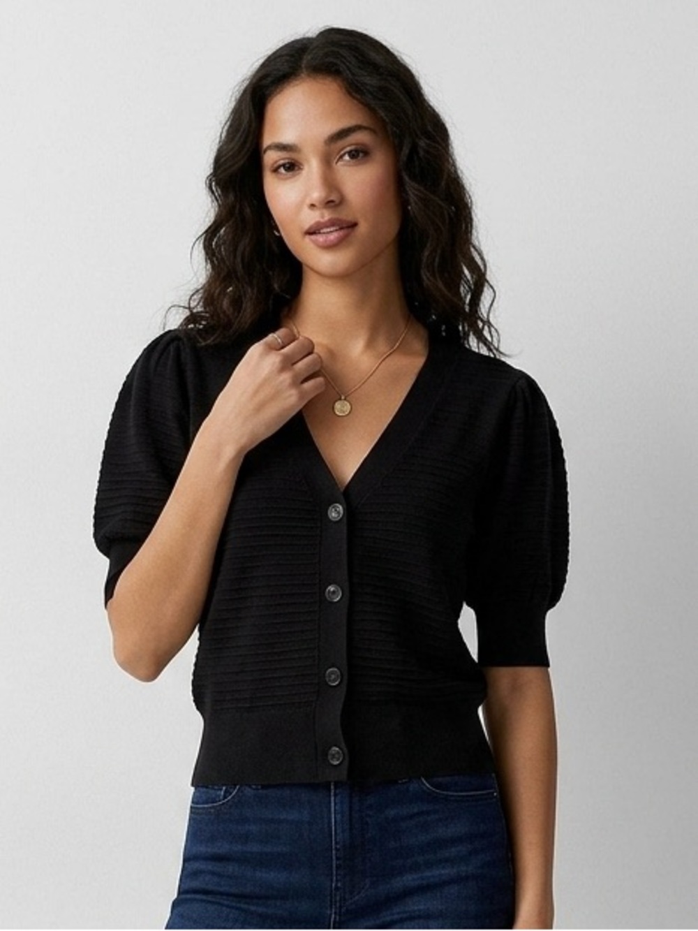 89th & Madison Black Puff-Sleeve V-Neck Button Cardigan
